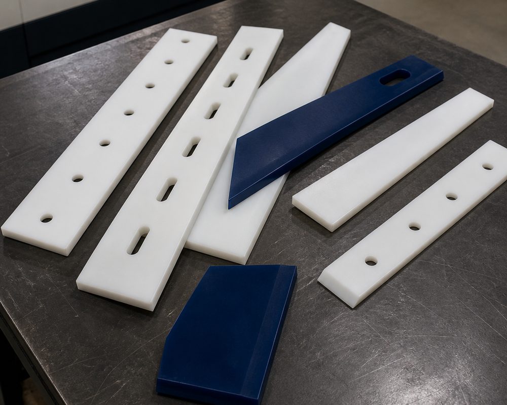 Finished blades laid out on a steel bench: drilled and slotted UHMW blades in white and two cast nylon blades in navy.