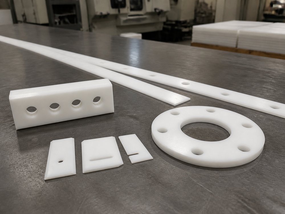 Machined UHMW parts on a steel bench: a drilled wear bar, two long slotted rails, three small blades with a hole, a slot and a corner notch, and a flanged wear ring.