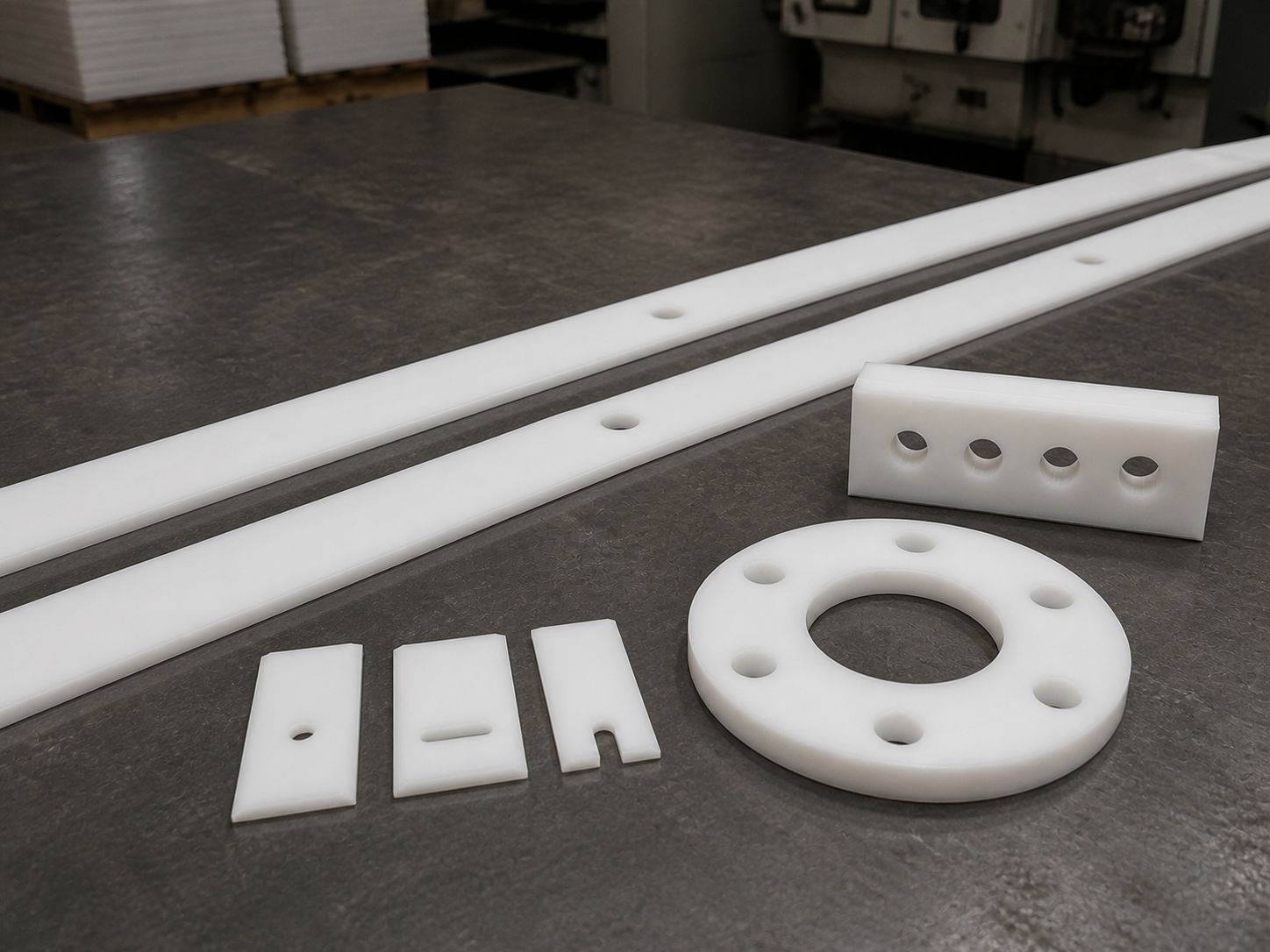 Machined polyethylene parts on a steel bench: two long drilled rails, a drilled wear bar, three small blades with a hole, a slot and a notch, and a flanged wear ring.