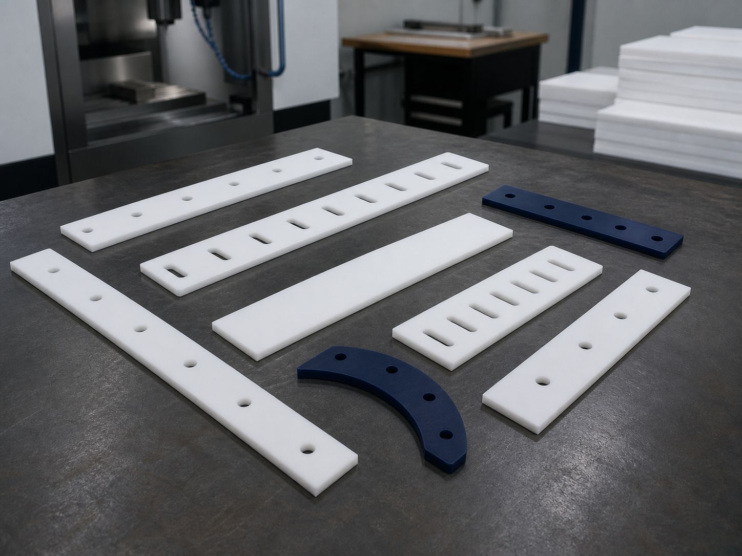 A spread of white drilled and slotted bars with two navy cast nylon parts, one of them a curved segment.
