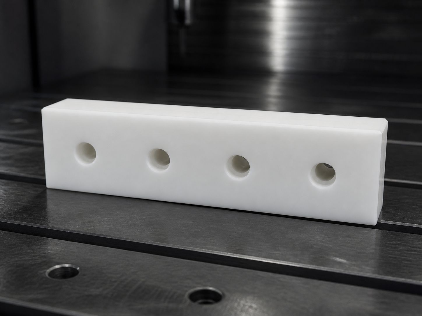 A single thick white wear bar with four drilled holes and a bevelled edge.