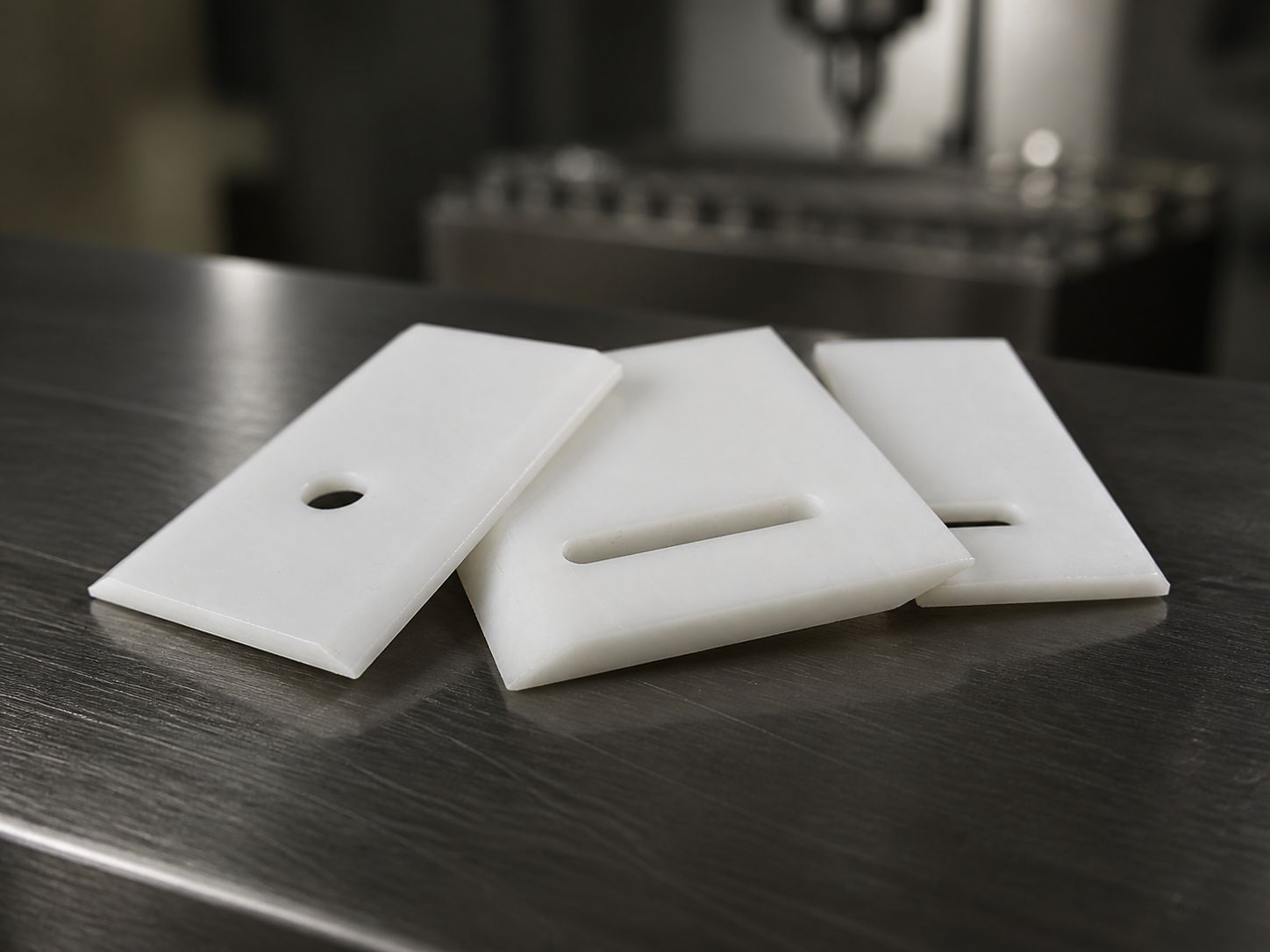 Three small white blades angled on a bench in front of a machining centre.