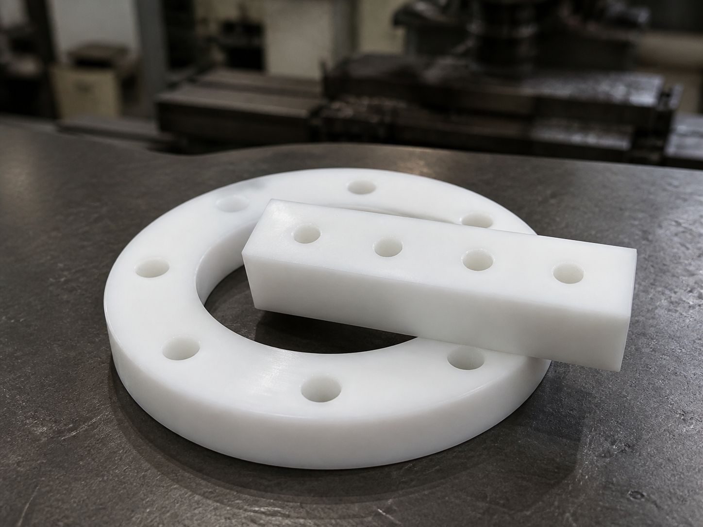 A white wear ring with a drilled wear bar resting across it.