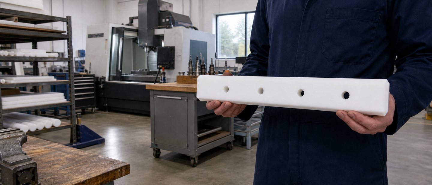 A machinist in the Pinehurst shop holding a long drilled UHMW wear bar, with a CNC machining centre and racks of round and sheet stock behind him.